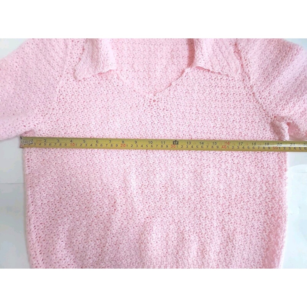 Vintage Handmade Knit Medium Pink V Neck Short Sleeved Collared Top Size XL - Picture 2 of 5